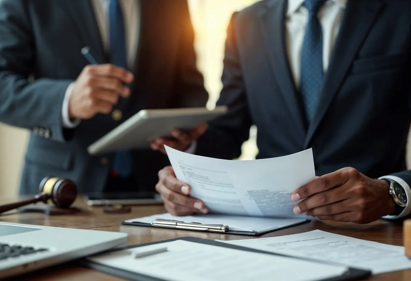 Крупный план юриста, подписывающего документы.